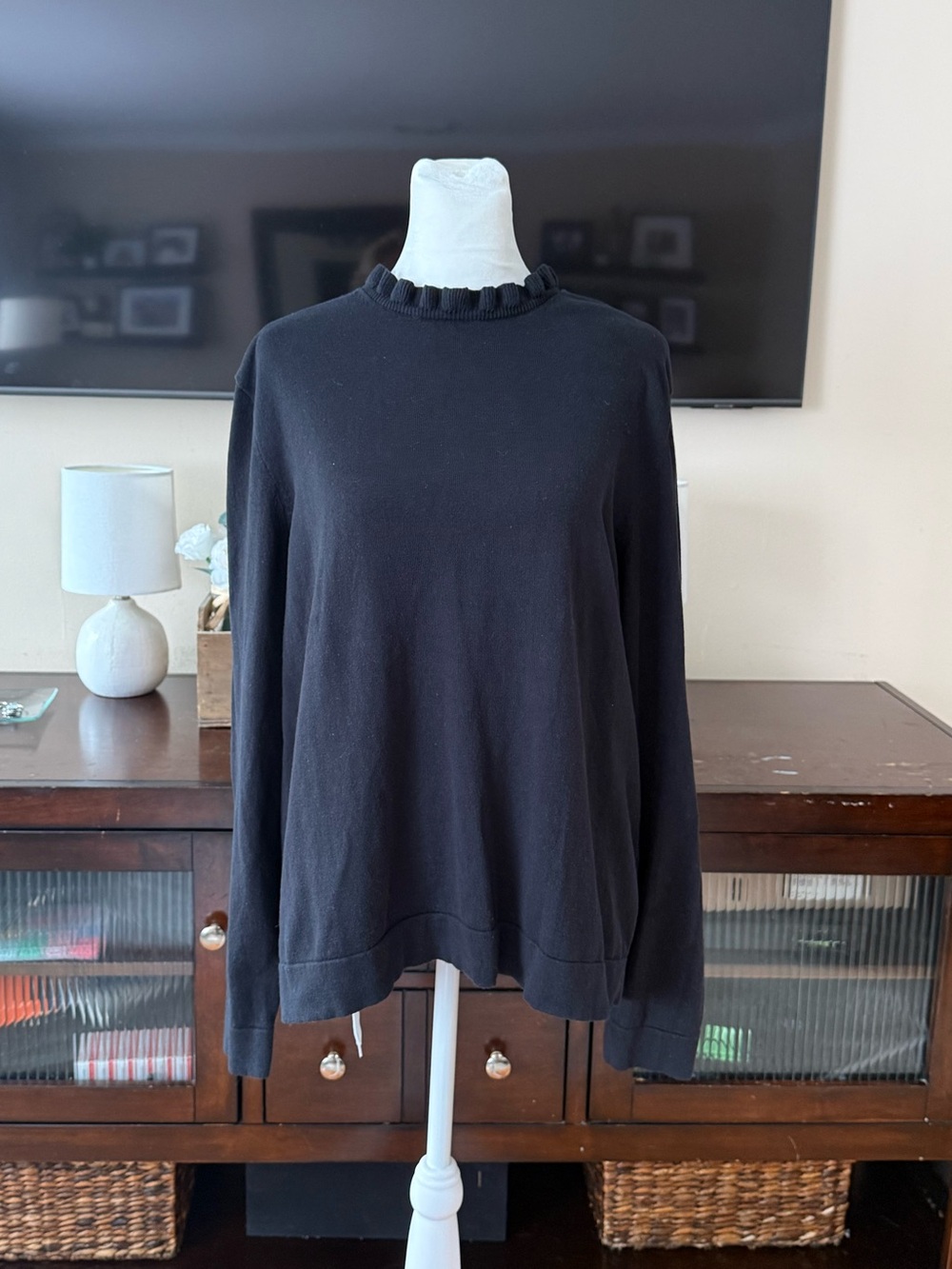 J. Crew Black Ruffle Crewneck Sweater